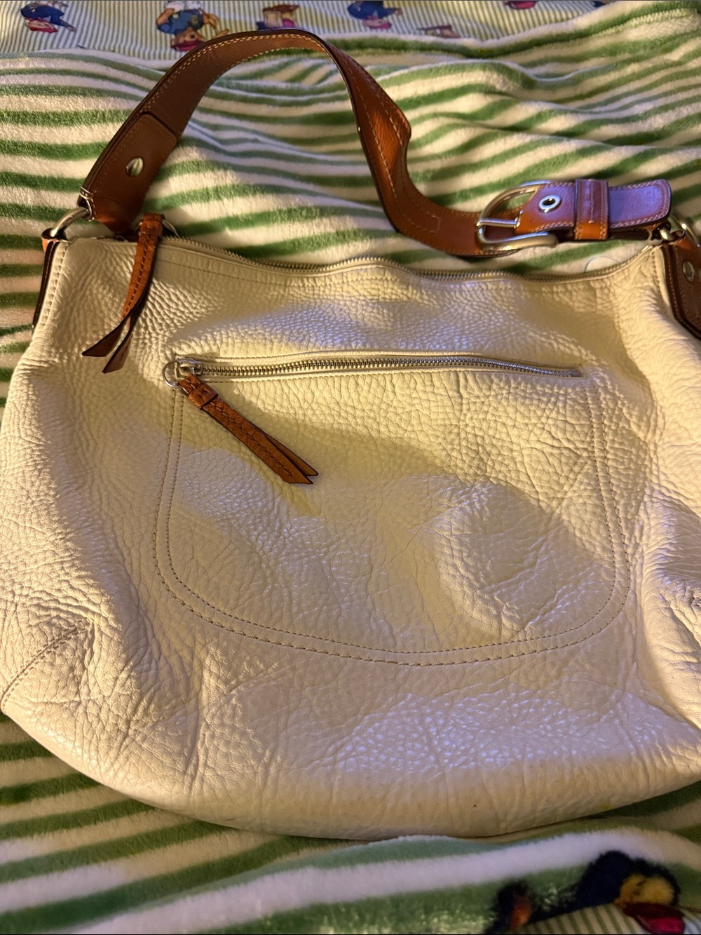 Coach Cream Leather Shoulder Bag with Brown Trim